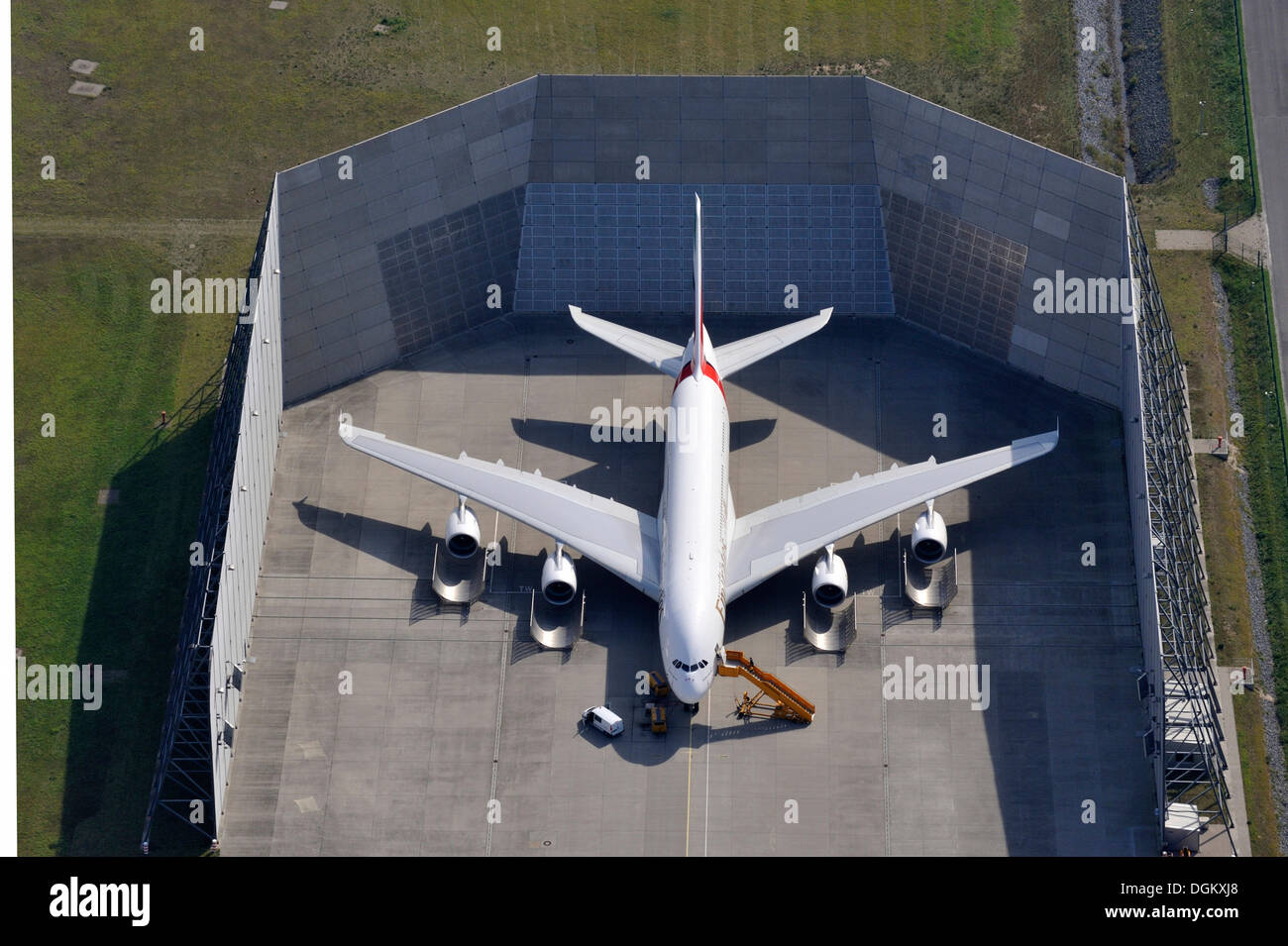 Aerial view, Airbus A380 in the engine noise control hall, Finkenwerder, Hamburg, Hamburg, Germany Stock Photo