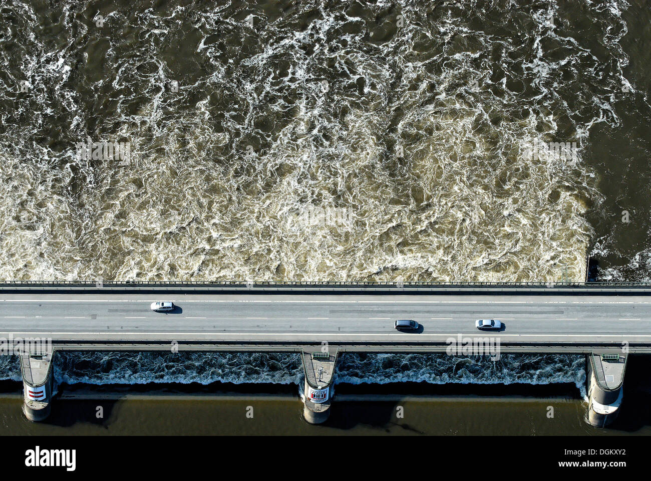 Aerial view, bridge over the Elbe river, dam, highway B 404, Geesthacht, Schleswig-Holstein, Germany Stock Photo