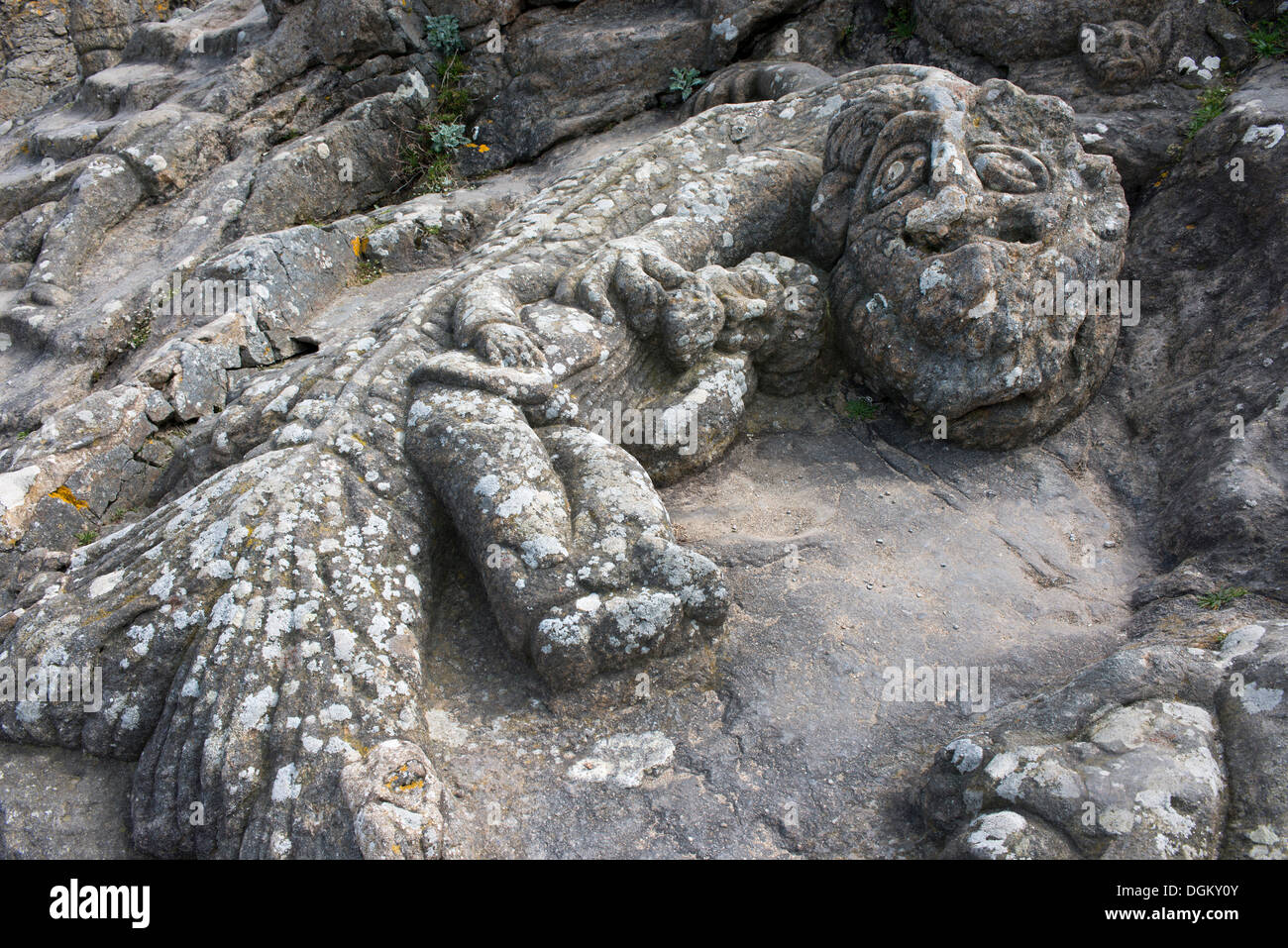 Stone dragon in the garden of sculpted rocks by Abbé Fouré, Rothéneuf, Brittany, France, Europe Stock Photo