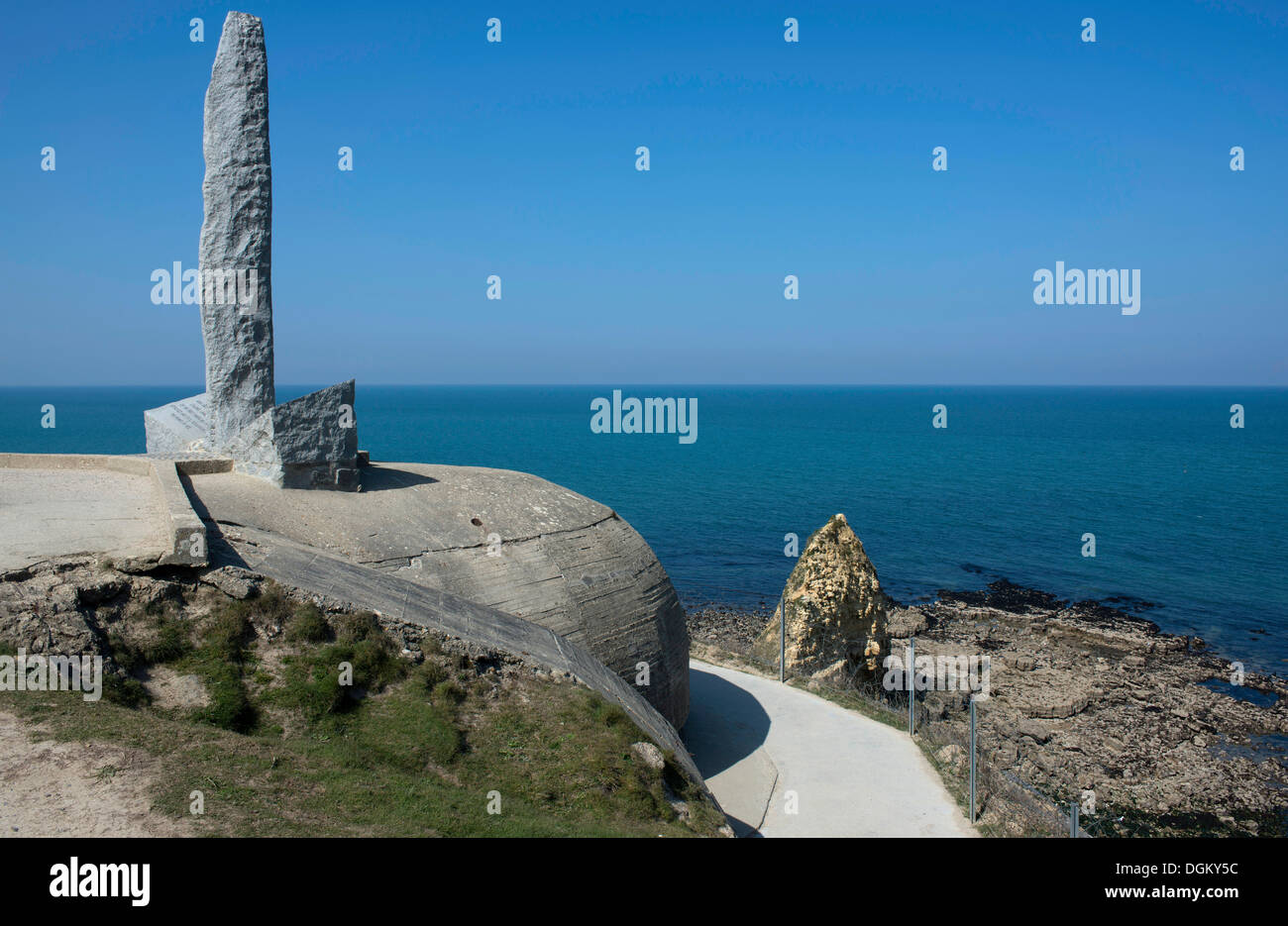 Ranger monument and bunker above the Atlantic, Pointe du Hoc memorial, Omaha Beach, Lower