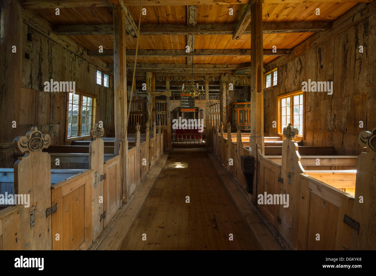 Stave church interior with pews and an altar, Roedven, Gemeinde Rauma, Eresfjorden, Møre og Romsdal, Western Norway, Norway Stock Photo