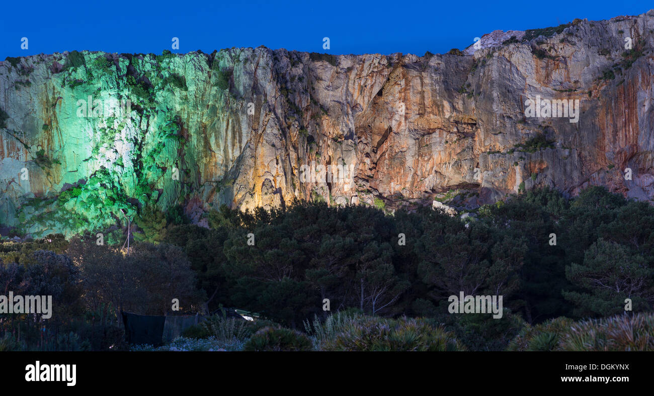 Illuminated rock for climbers at the El Bahira camping site, San Vito lo Capo, Nordwest- Küste, Provinz Trapani, Sicily, Italy Stock Photo