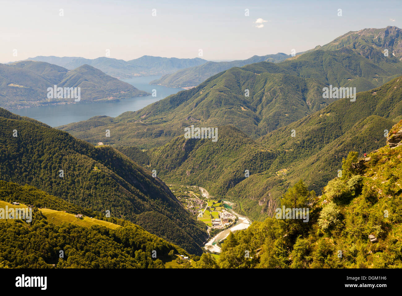 High trail of Alpe Nimi, Valle Maggia, overlooking lake Lago Maggiore, Ticino, Switzerland, Europe Stock Photo