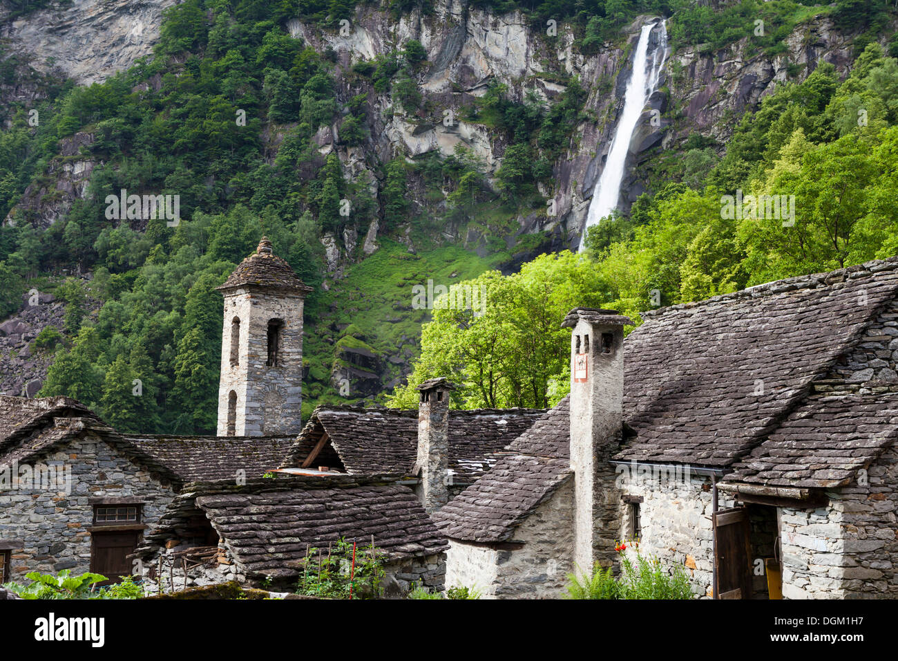 Hamlet of Foroglio with a waterfall in the Bavona Valley, Valle Maggia, Ticino, Switzerland, Europe Stock Photo
