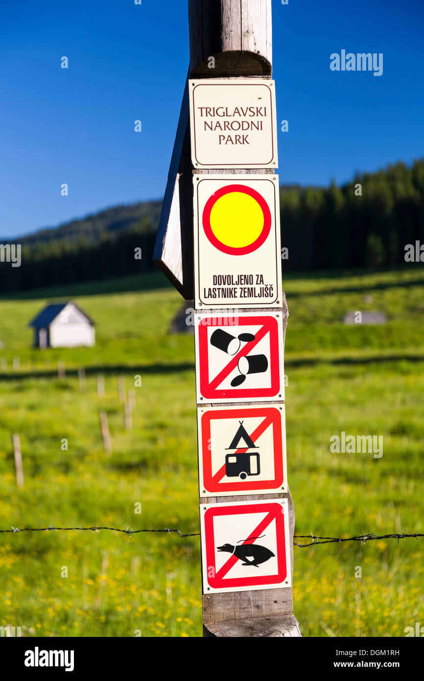 Prohibition signs in a national park, nature reserve of Pokljuka plateau, Triglav National Park, Slovenia, Europe Stock Photo