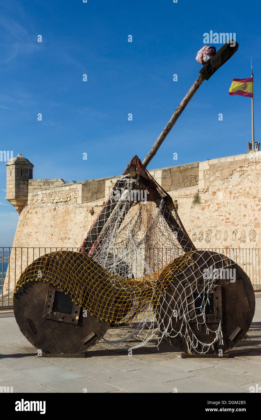 Spain Alicante, Santa Barbara castle, old weapon of war, catapult Stock Photo