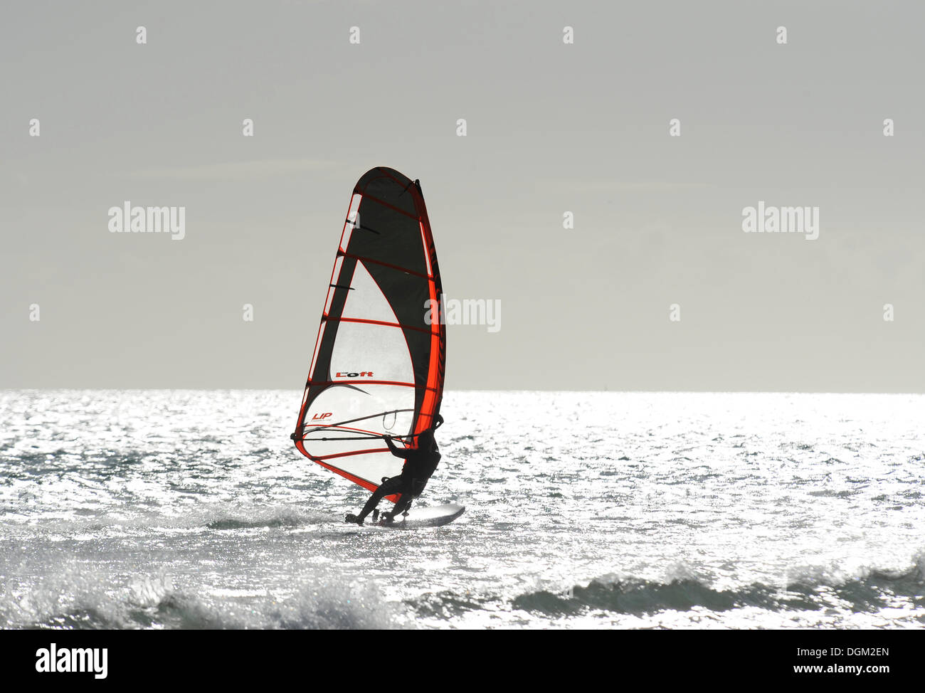 Windsurfer on the Playa de Sotavento de Jandia beach, Fuerteventura, Canary Islands, Spain, Europe Stock Photo