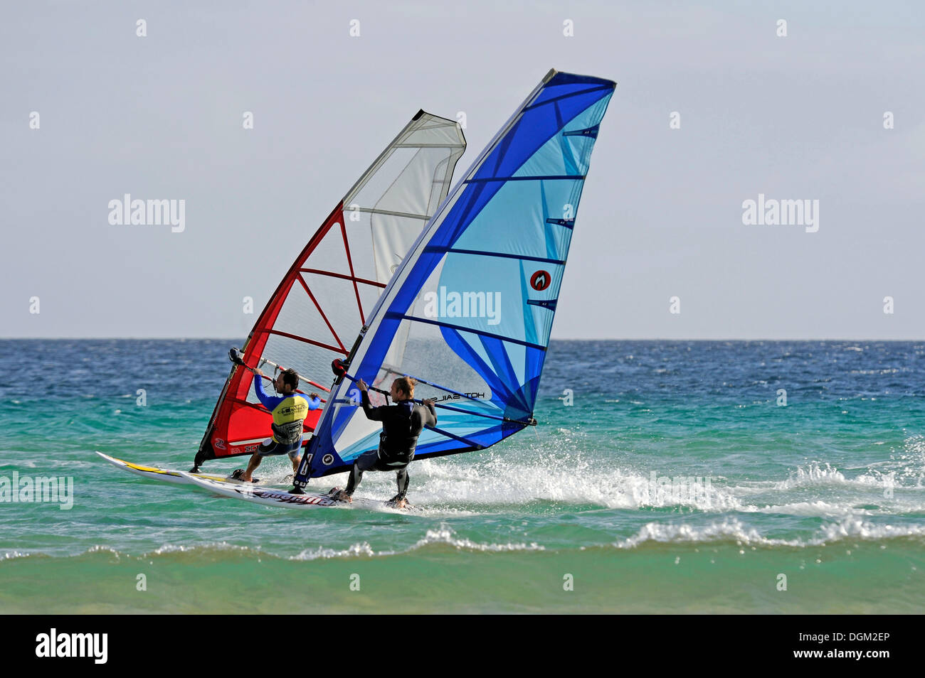 Windsurfers on the Playa de Sotavento de Jandia beach, Fuerteventura, Canary Islands, Spain, Europe Stock Photo
