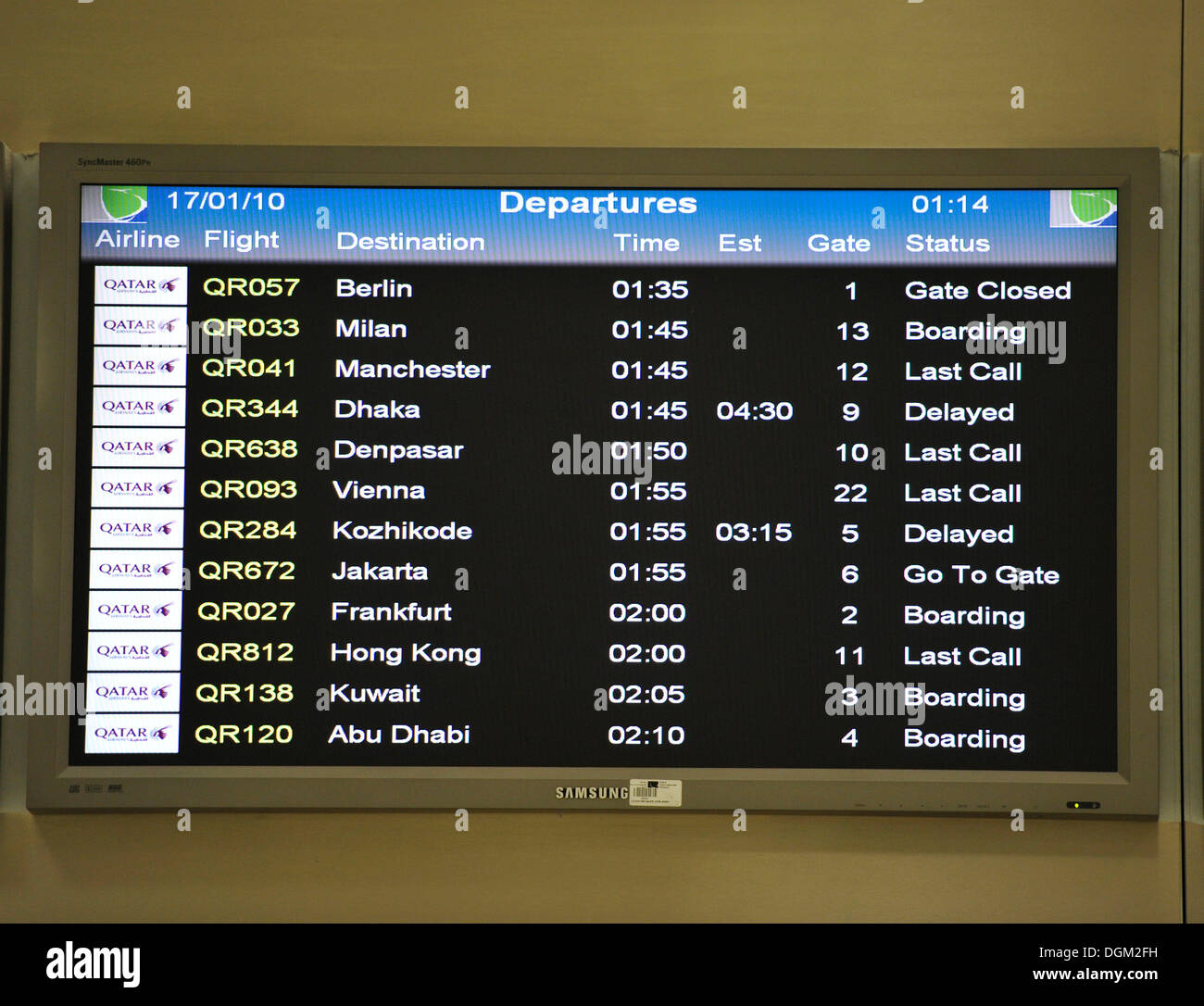 Departure board, Doha International Airport, Doha, Qatar, Asia Stock Photo