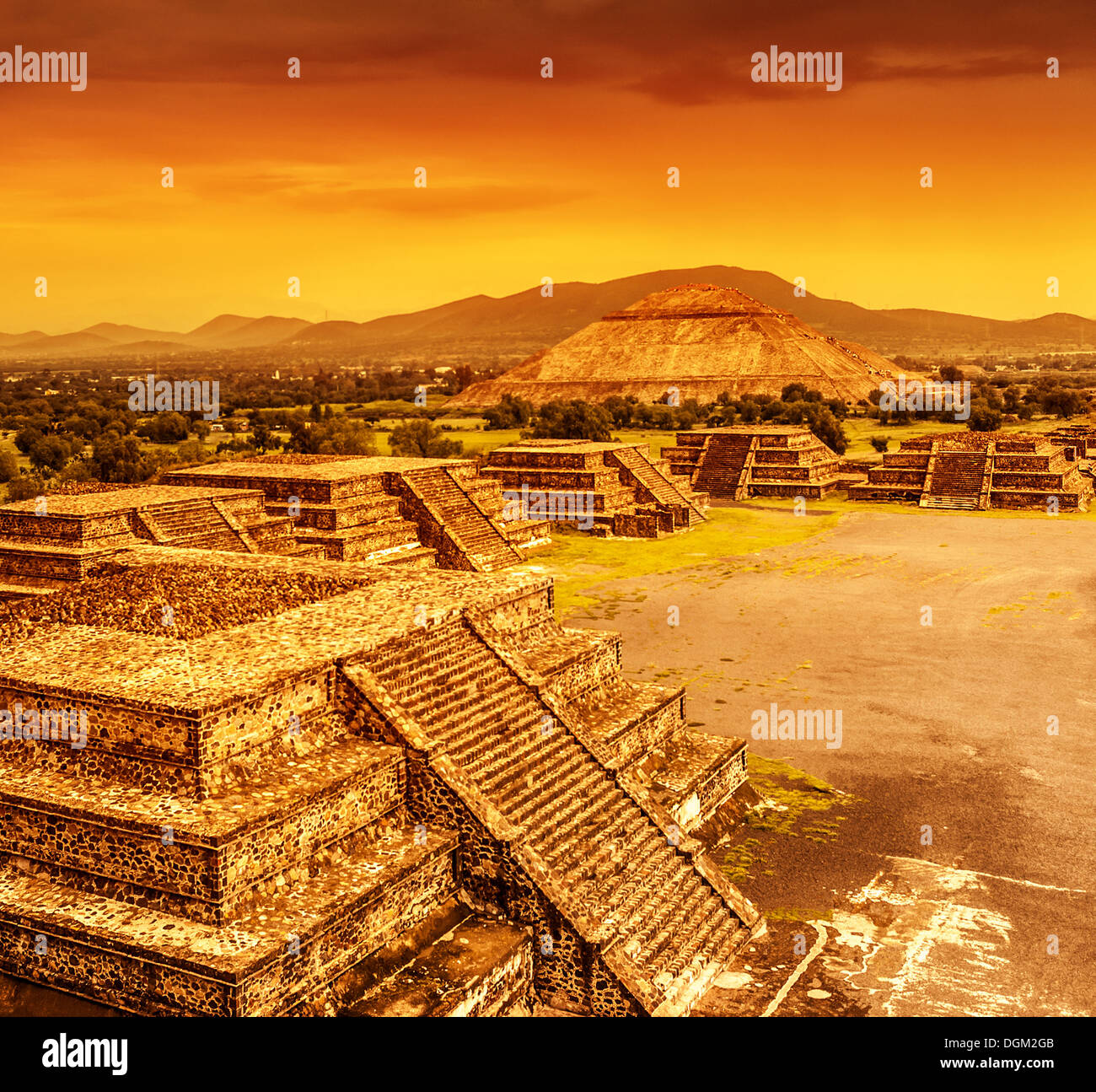 Pyramids of the Sun and Moon on the Avenue of the Dead, Teotihuacan ancient historic cultural city Stock Photo