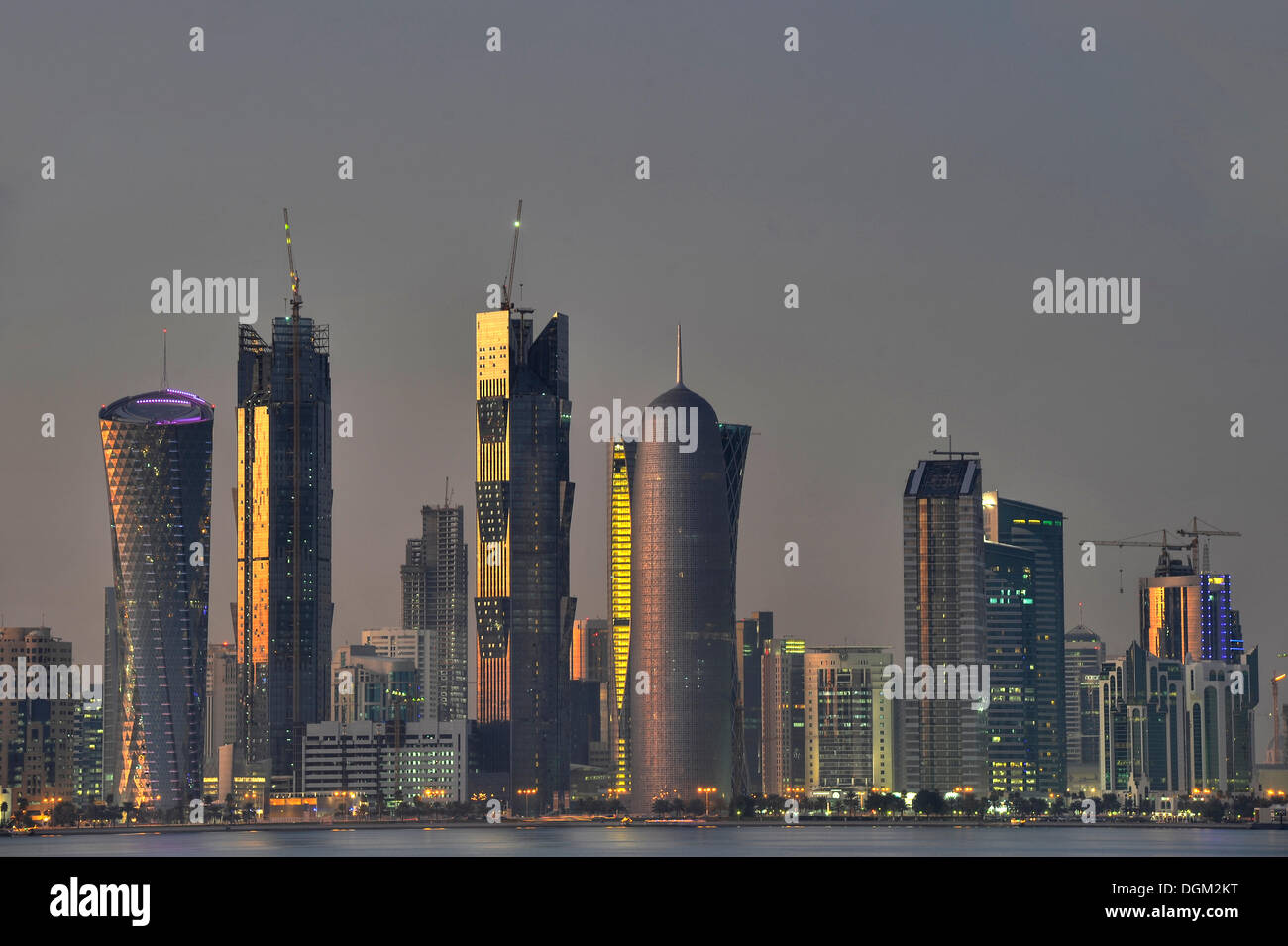 Skyline of Doha, Tornado Tower, Navigation Tower, Peace Towers, Al-Thani Tower, Doha, Qatar, Persian Gulf, Middle East, Asia Stock Photo