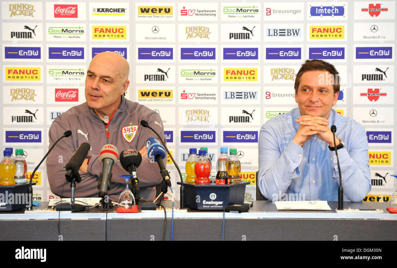 Press conference VfB Stuttgart football club, on the left coach Christian Gross, right, sports director Horst Heldt Stock Photo