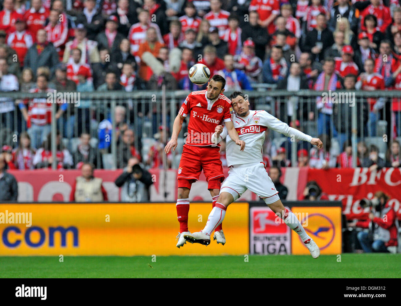 Duel, Diego Contento, FC Bayern Munich, left, vs. Timo Gebhart, VfB Stuttgart, right, Allianz Arena, Munich, Bavaria Stock Photo