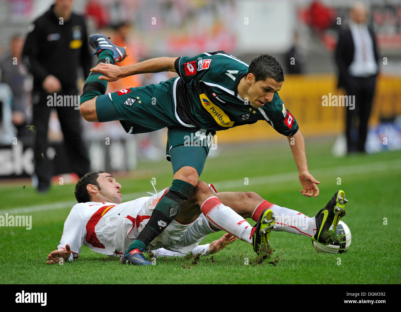 Duel, Cristian Molinaro, player of the German soccer club VfB Stuttgart on the right, vs. Karim Matmour, player of Borussia Stock Photo