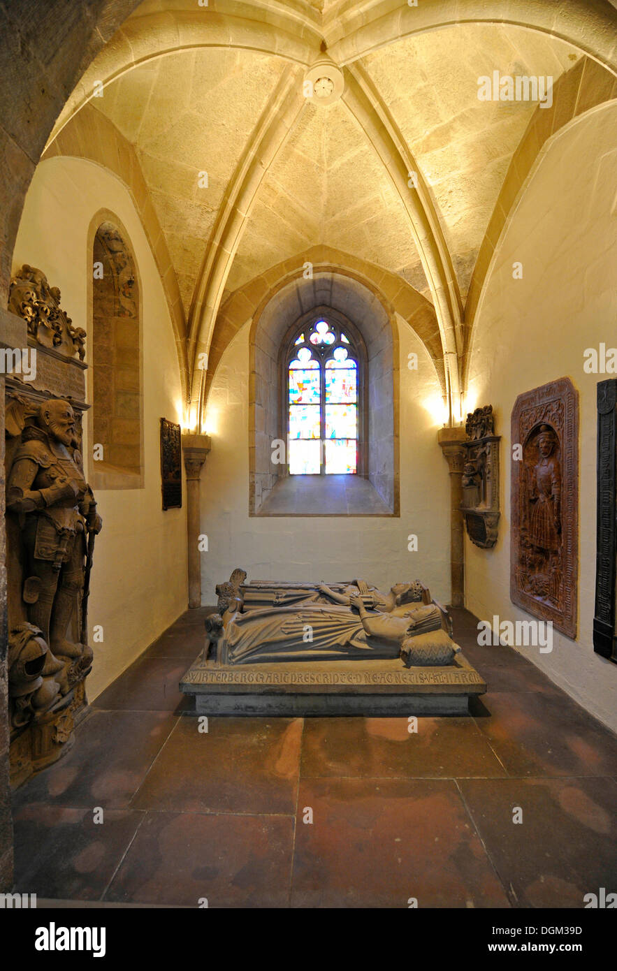 Double tomb of earl Graf Ulrich I., the benefactor, at back, and duchess Agnes von Liegnitz, at front, in the Stifterkapelle Stock Photo