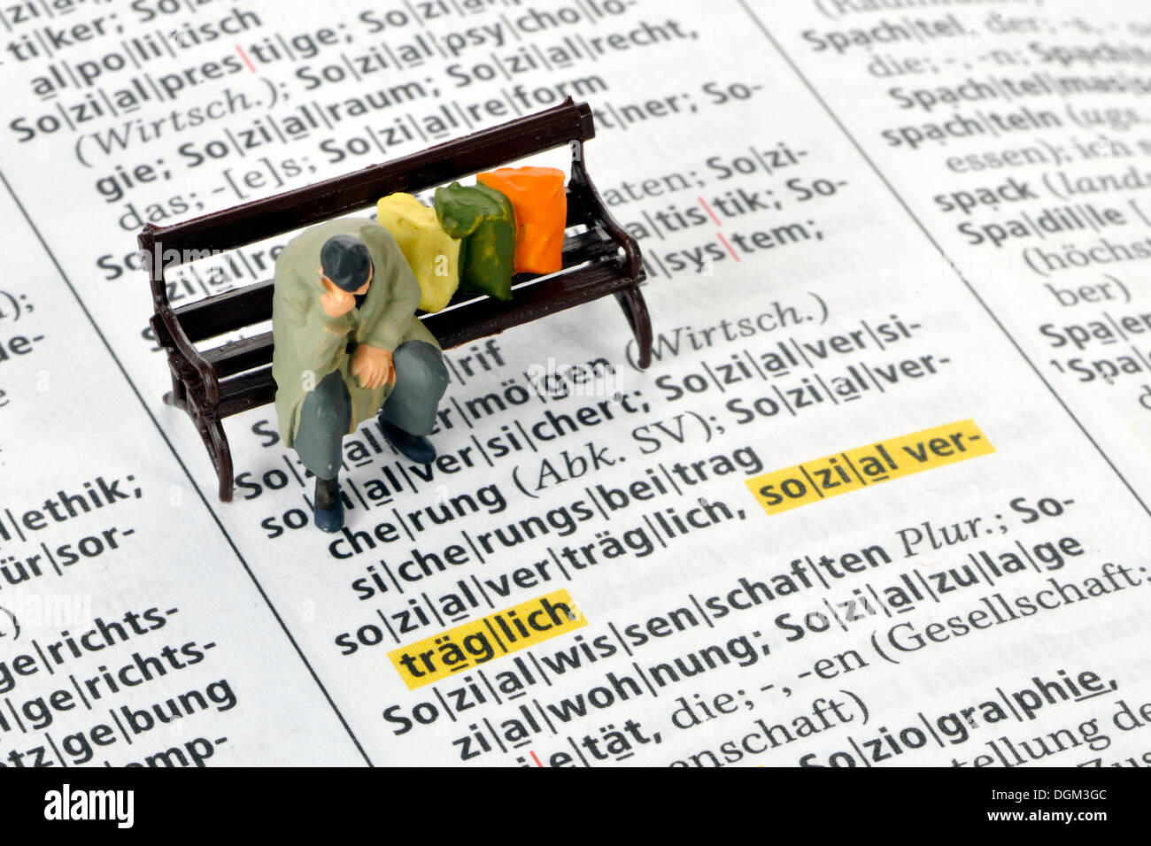 Figure, homeless, park bench, dictionary entry, symbolic image for