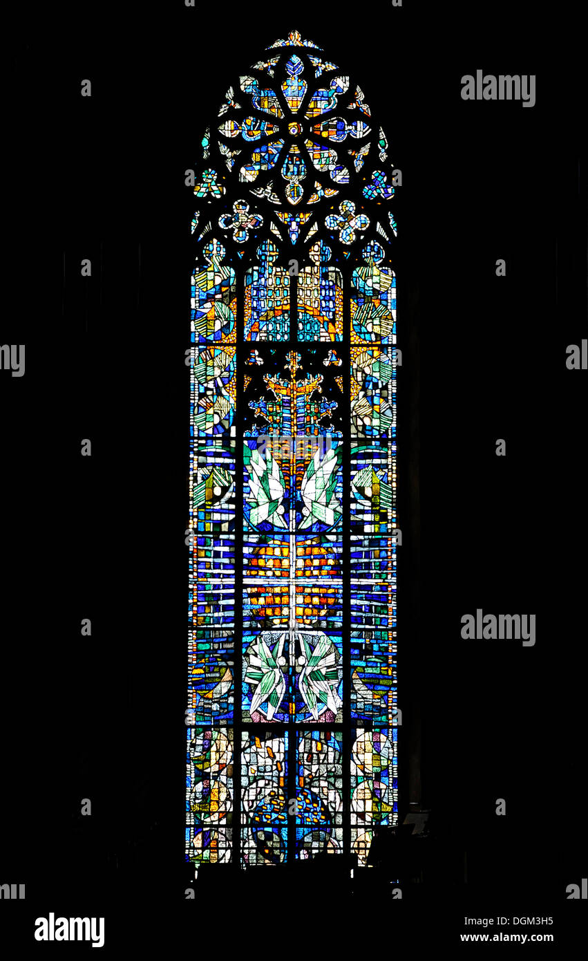Interior, church window in the organ room, Protestant city church, Ravensburg, Baden-Wuerttemberg Stock Photo