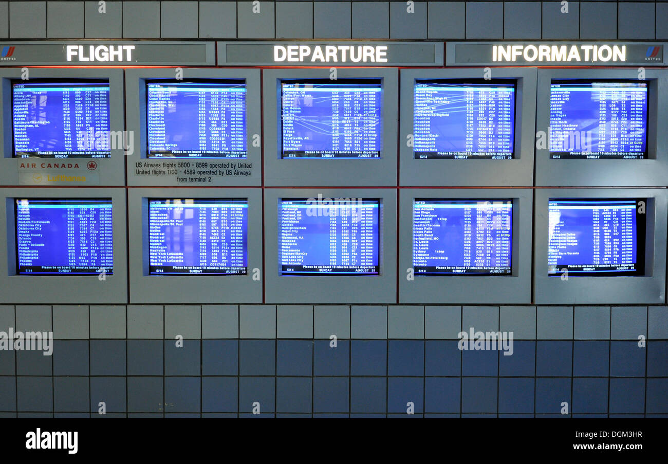 Information monitors, schedules, Airport O'Hare International Airport, Chicago, Illinois, USA, America Stock Photo