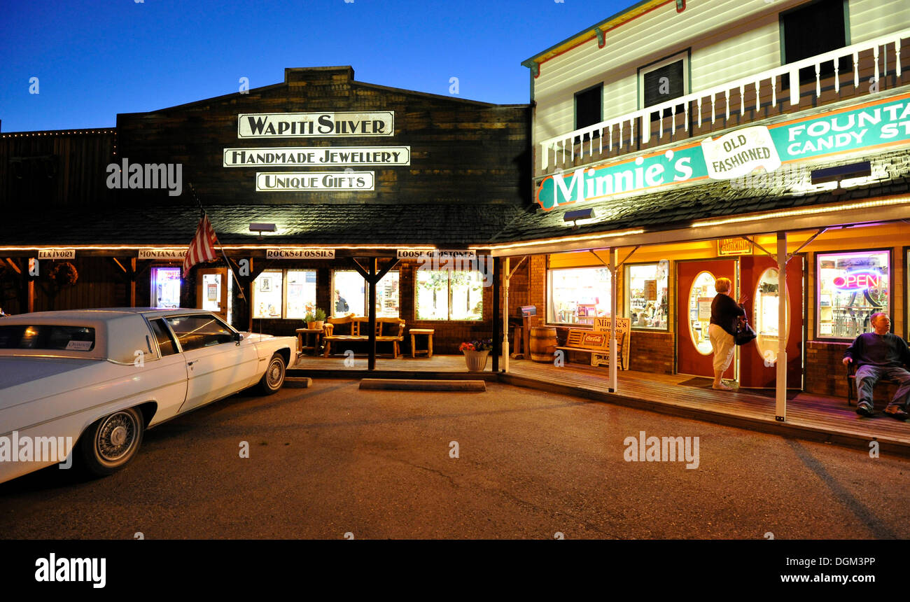 Shops in the Wild West town of Gardiner, Yellowstone National Park, Montana, United States of America, USA Stock Photo