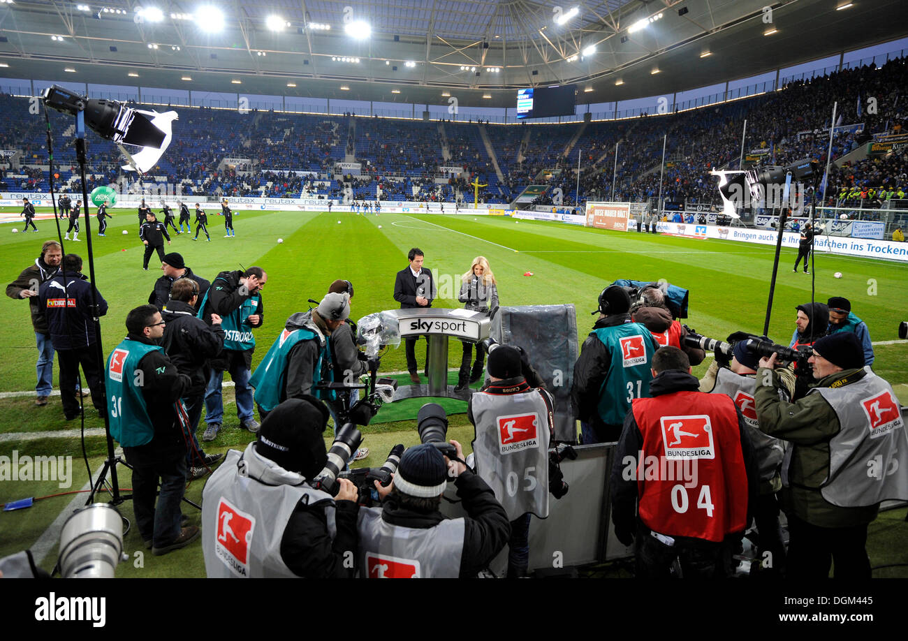 Interview by Jessica Kastrop, SKY, with coach Marco Pezzaiuoli, TSG 1899 Hoffenheim, in front of press photographers and cameras Stock Photo