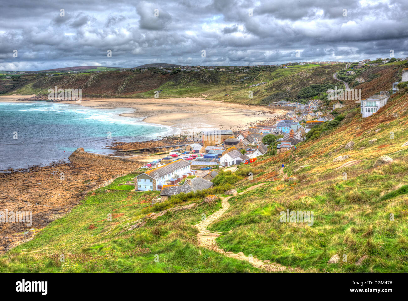 Sennen Cove Cornwall England UK near Lands End on the South West Coast Path in HDR with path and clouds Stock Photo