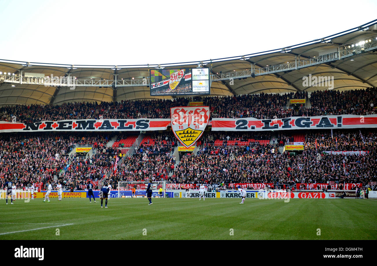 New fan curve, fan section, fan campaign, fans of VfB Stuttgart football club, Mercedes-Benz Arena in Stuttgart Stock Photo
