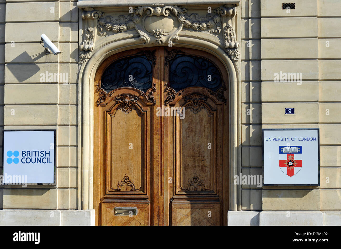 Entrance with surveillance cameras, British Council and University of London, Paris, France, Europe Stock Photo