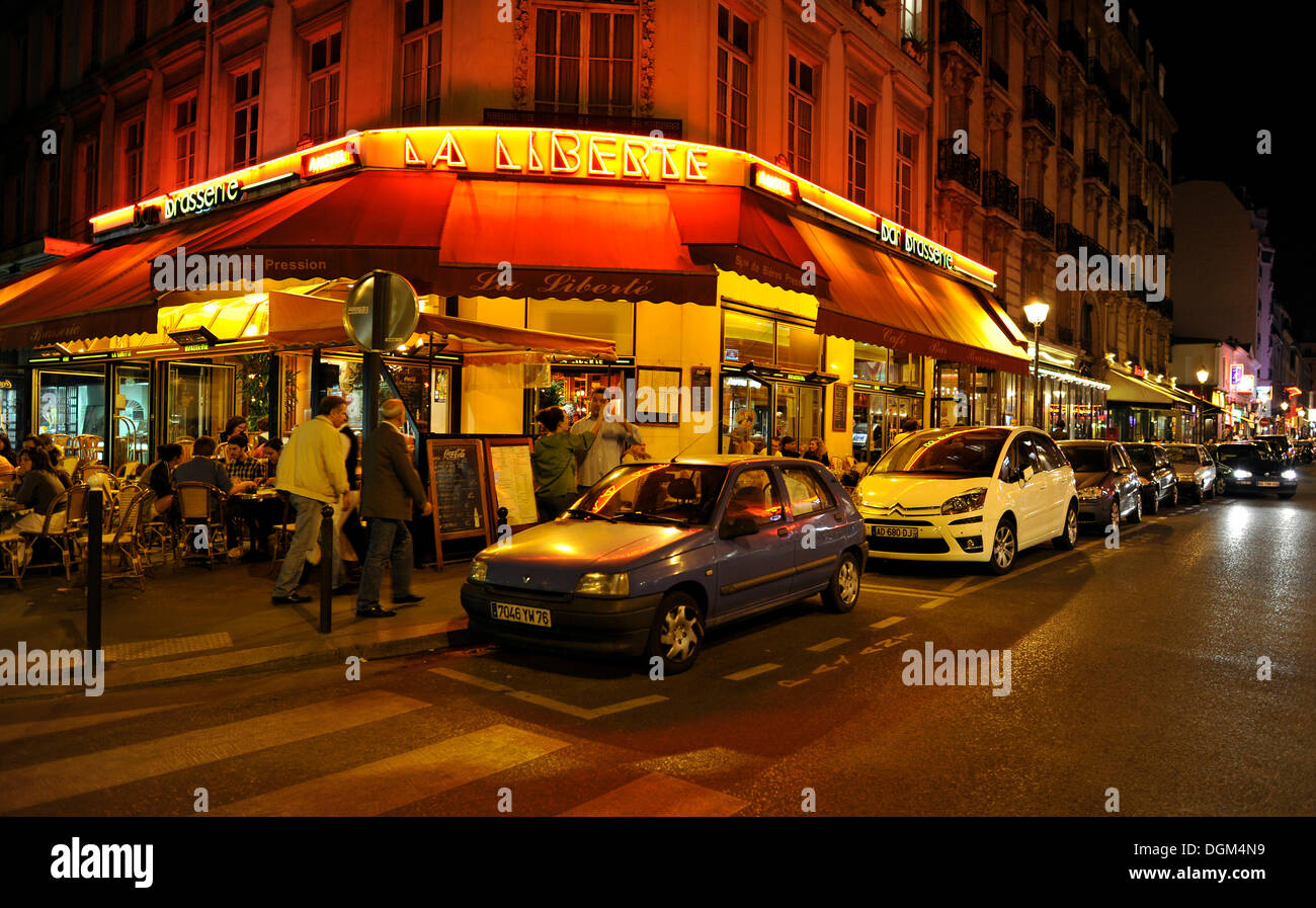 Night scene, Café, Bar, Gaité Theater District, Paris, France, Europe Stock Photo