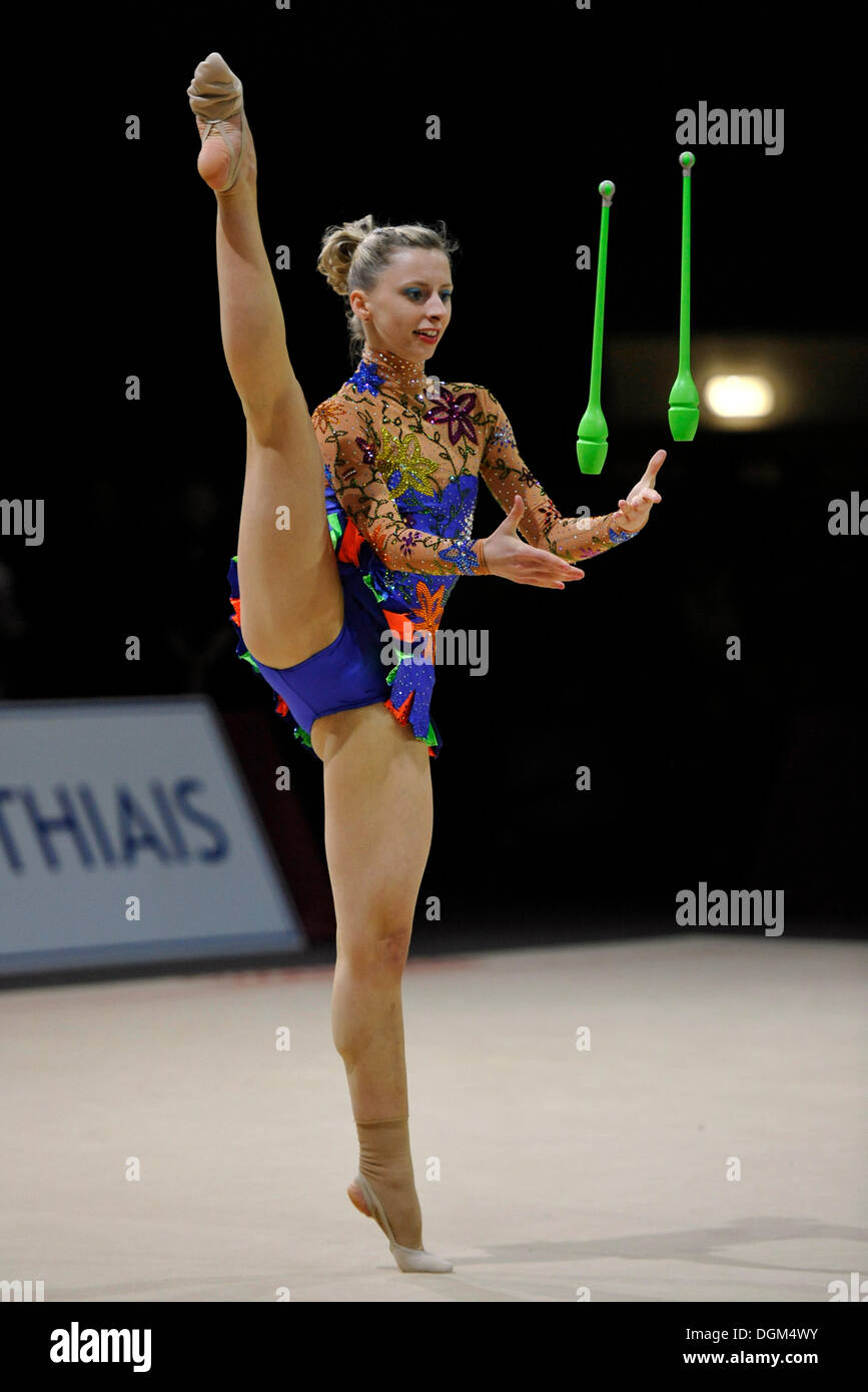 Caroline Weber, AUT, with clubs, rhythmic gymnastics, Grand Prix Thiais, 09. - 10.04.2011, Paris, France, Europe Stock Photo