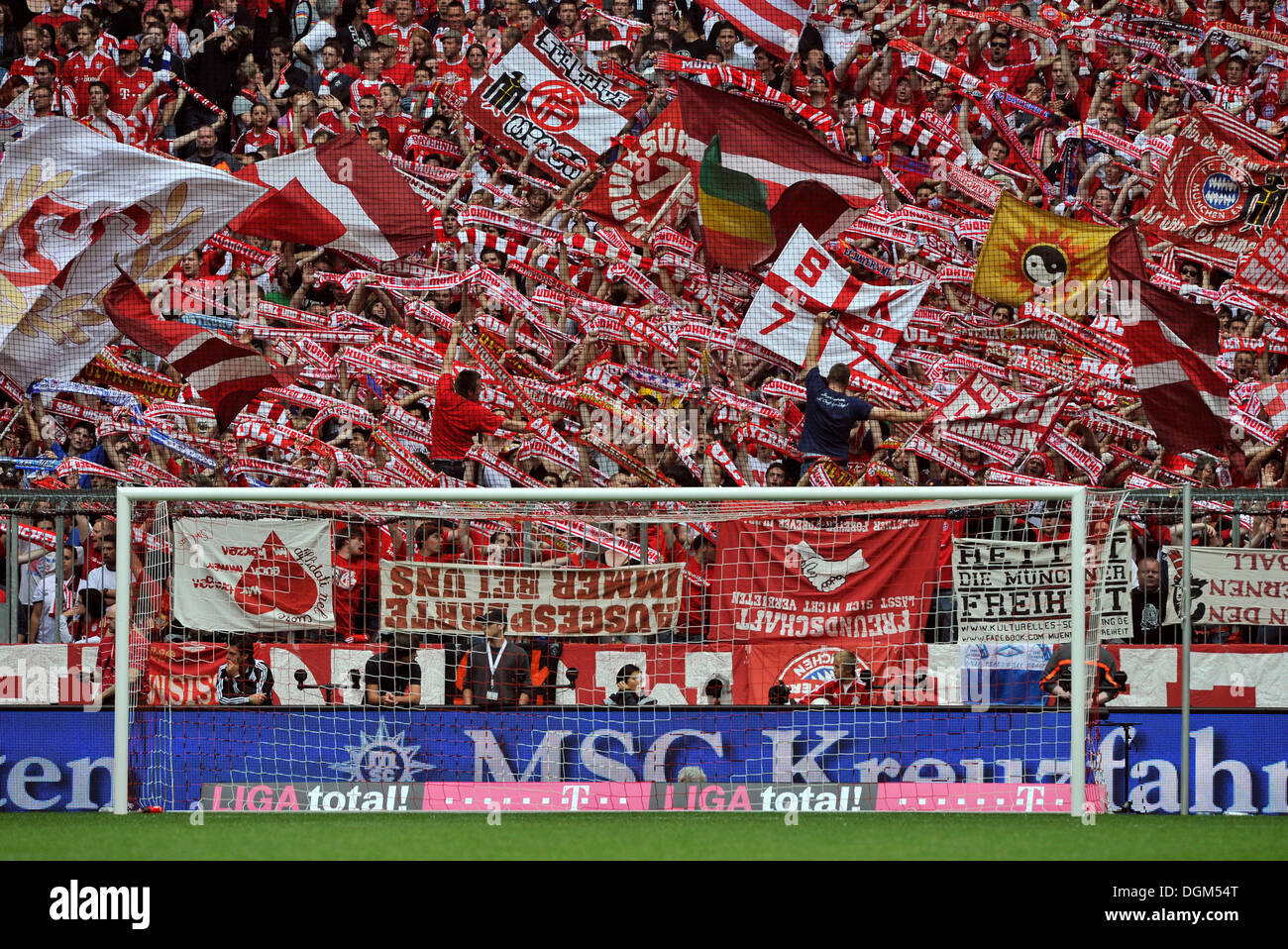 Fan block, fan curve of FC Bayern Muenchen supporters, Allianz Arena, Munich, Bavaria Stock Photo