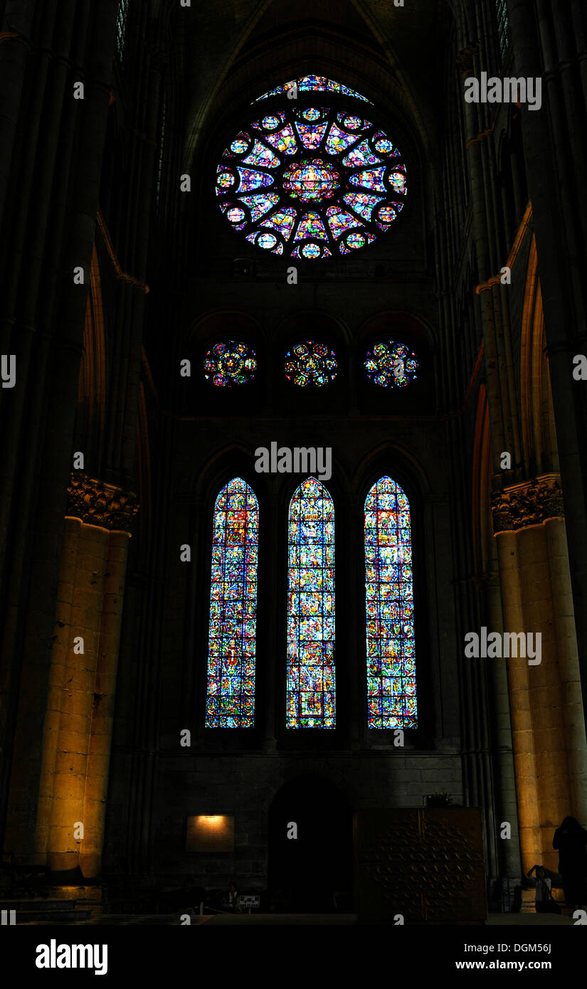 Rose window, historic stained glass windows, transept, Cathedral of Notre-Dame Cathedral, UNESCO World Heritage Site, Reims Stock Photo