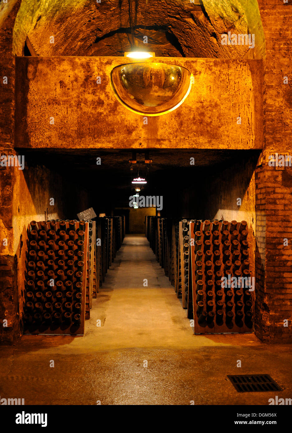 Champagne bottles are stored upside down for the deposition of sediments, wine cellar in limestone, Moet et Chandon winery Stock Photo