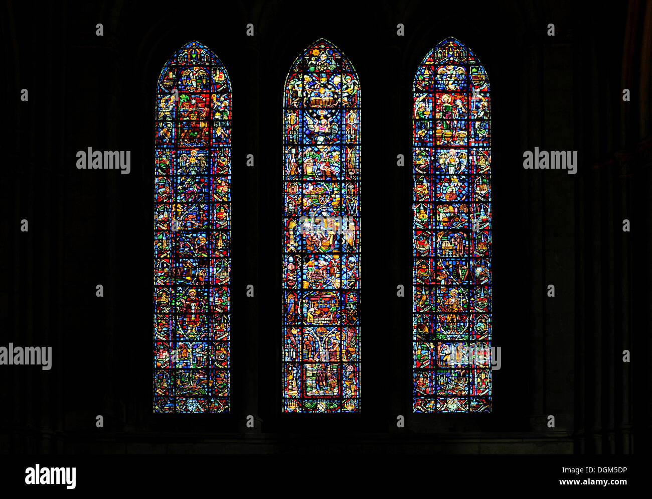 Historical stained glass windows, northern transept, Cathedral Notre-Dame de Reims, UNESCO World Heritage Site, Reims, Champagne Stock Photo