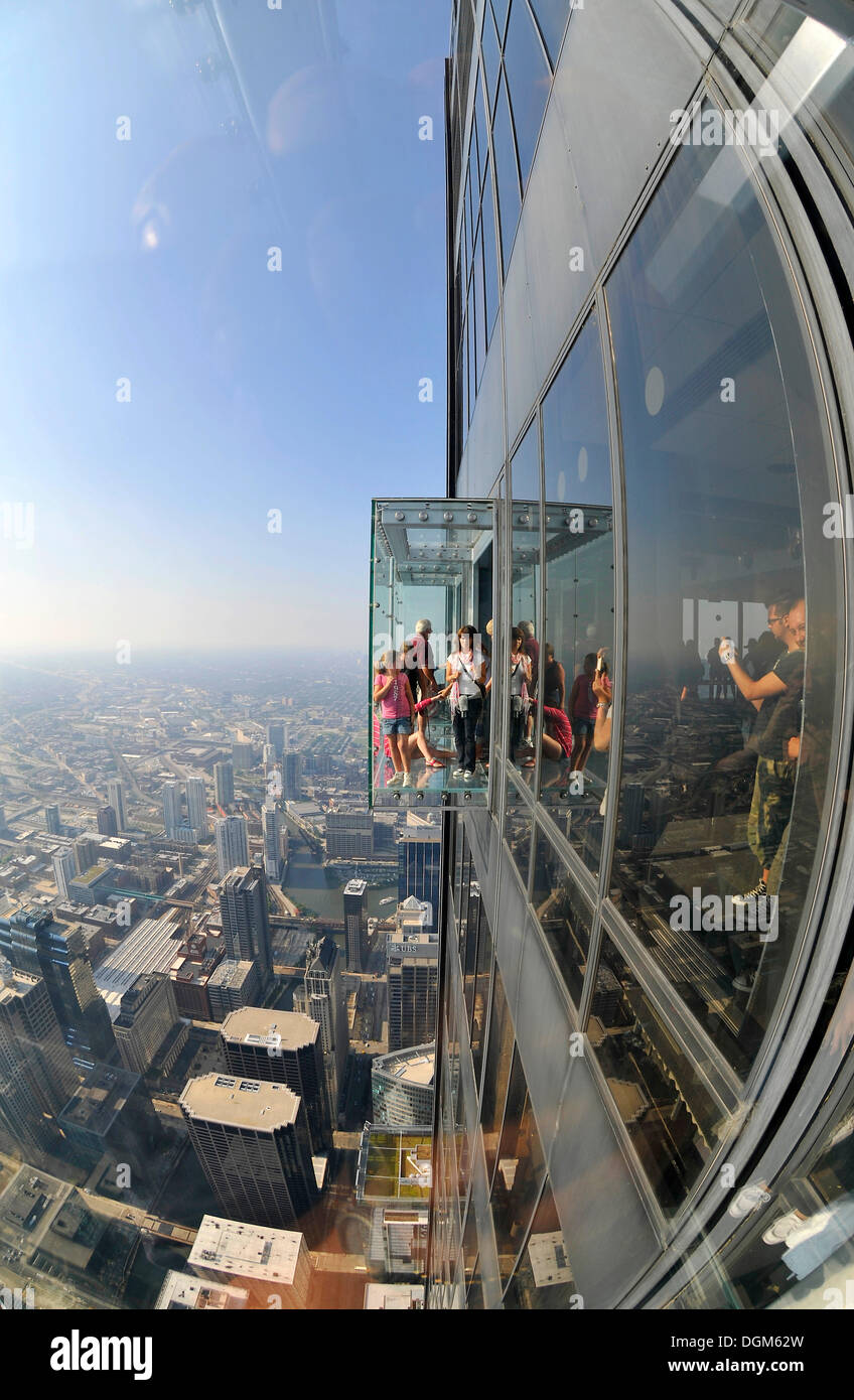 Visitors on the 412 meter-high observation deck, Skydeck, Willis tower, formerly Sears Tower, Chicago, Illinois Stock Photo