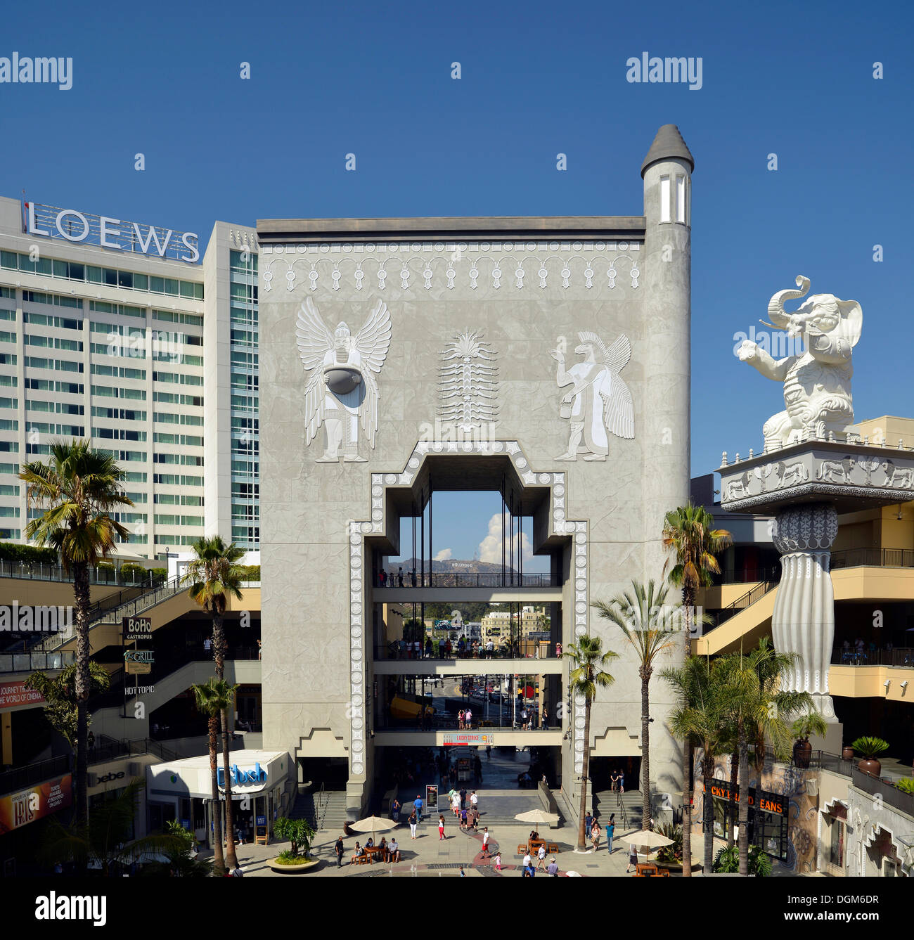 Entrance with a view of the Hollywood sign at back, Hollywood & Highland Center Shopping Mall, Hollywood Boulevard, Hollywood Stock Photo