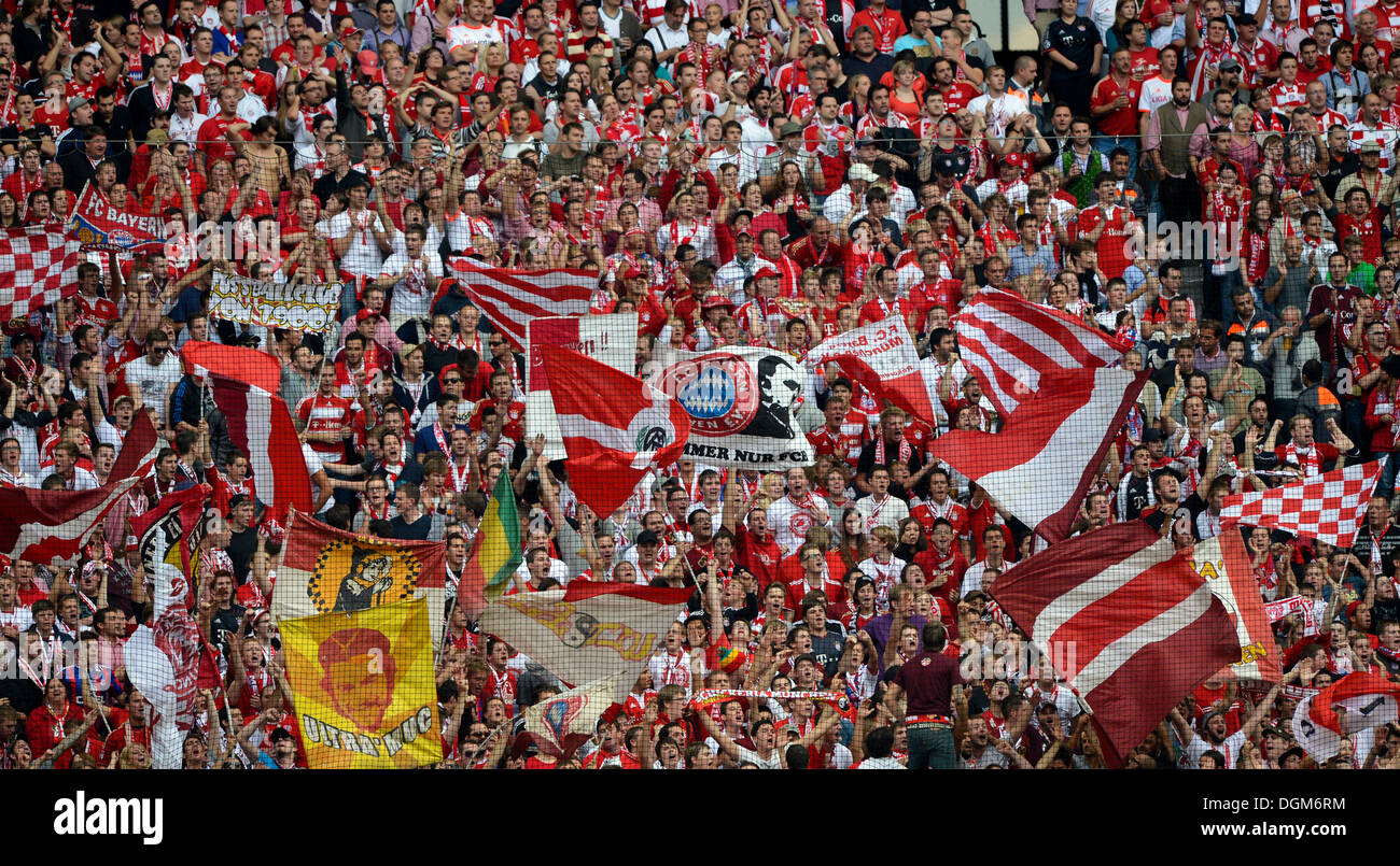 Football supporters cheering, FC Bayern Munich, Allianz Arena, Munich, Bavaria Stock Photo