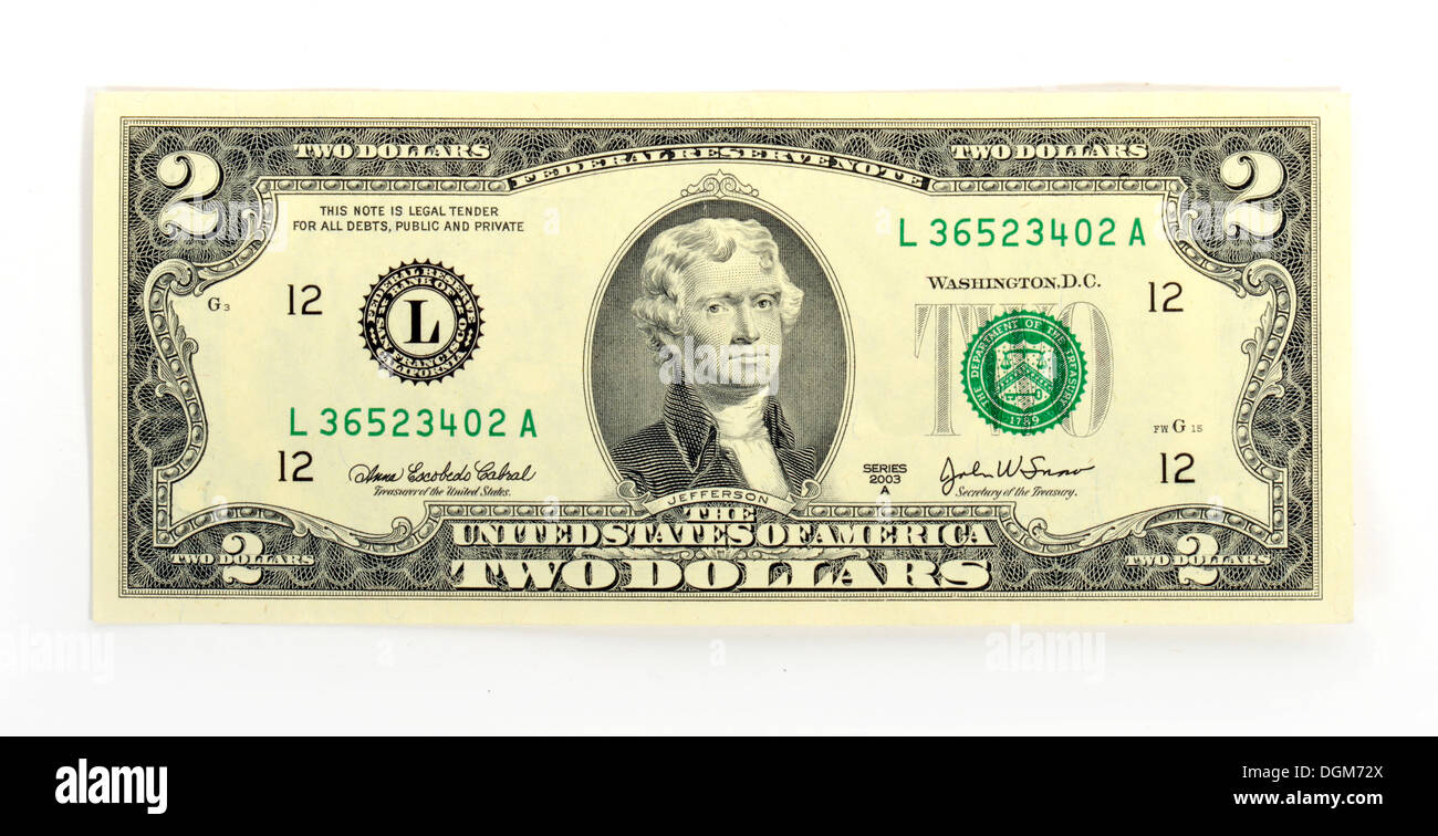 2-dollar bill, banknote, front, Thomas Jefferson Stock Photo