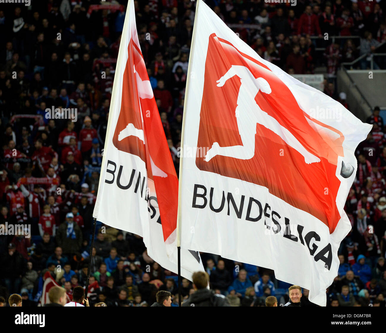 Bundesliga flags flying in the Wirsol Rhein-Neckar Arena, Hoffenheim, Sinsheim, Baden-Württemberg, Germany Stock Photo