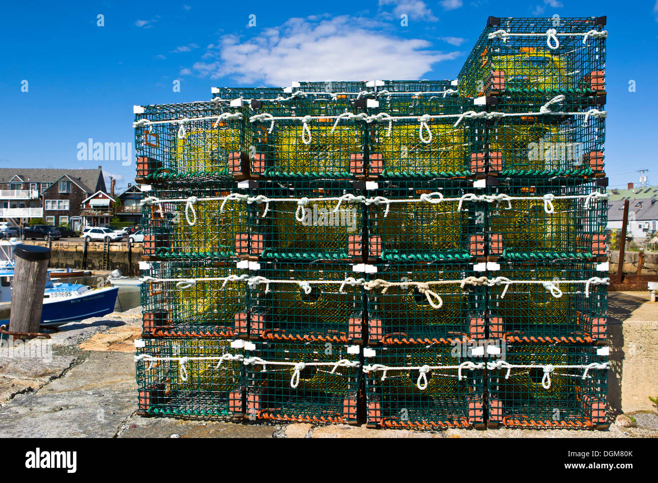 Lobster pots stored in the harbor of Rockport, a small fishing village