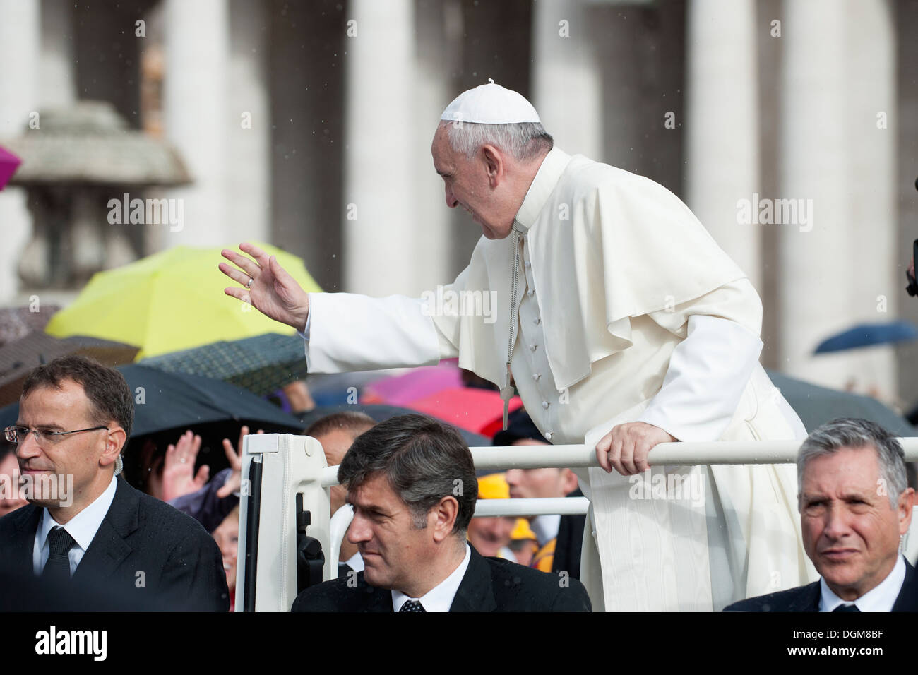 Pope Francesco greets the faithful in St. Peter's Square. Stock Photo