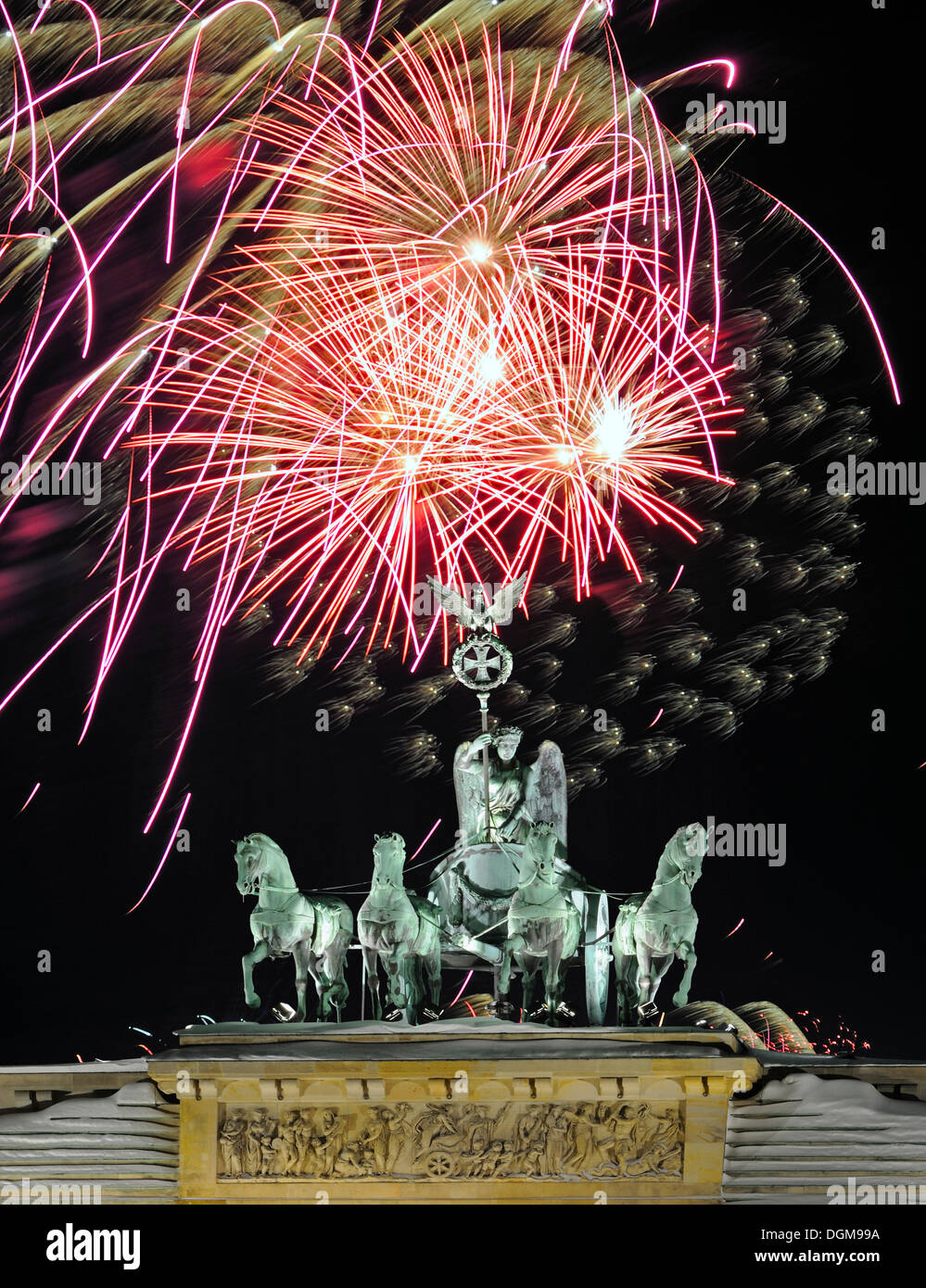 Quadriga on Brandenburg Gate, fireworks on New Years Eve, Berlin