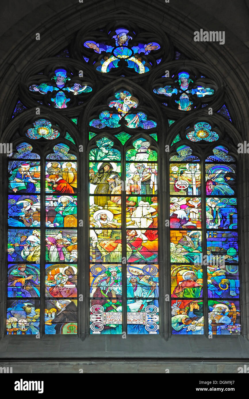 Stained glass window in St. Vitus Cathedral, Prague Castle, Castle