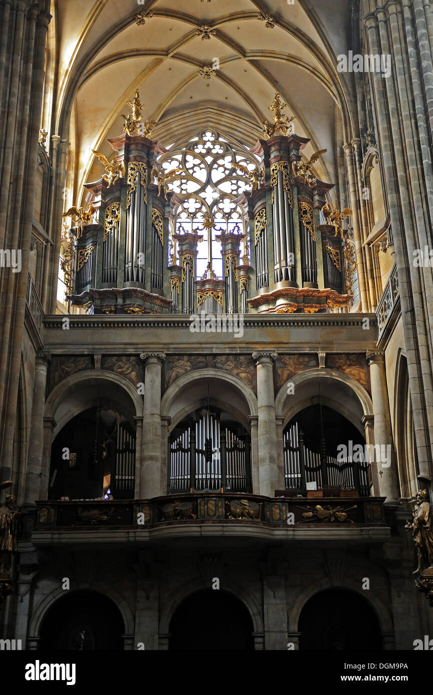 Organ gallery, Gothic St. Vitus Cathedral, Prague Castle, Castle District, Hradcany, Prague, Bohemia, Czech Republic, Europe Stock Photo