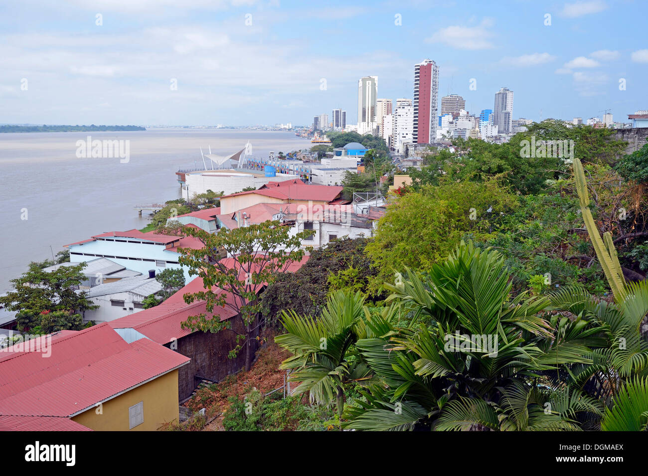 Overlooking the waterfront promenade at Malecon Park on the banks of the Rio Guayas River, Guayaquil, Ecuador, South America Stock Photo