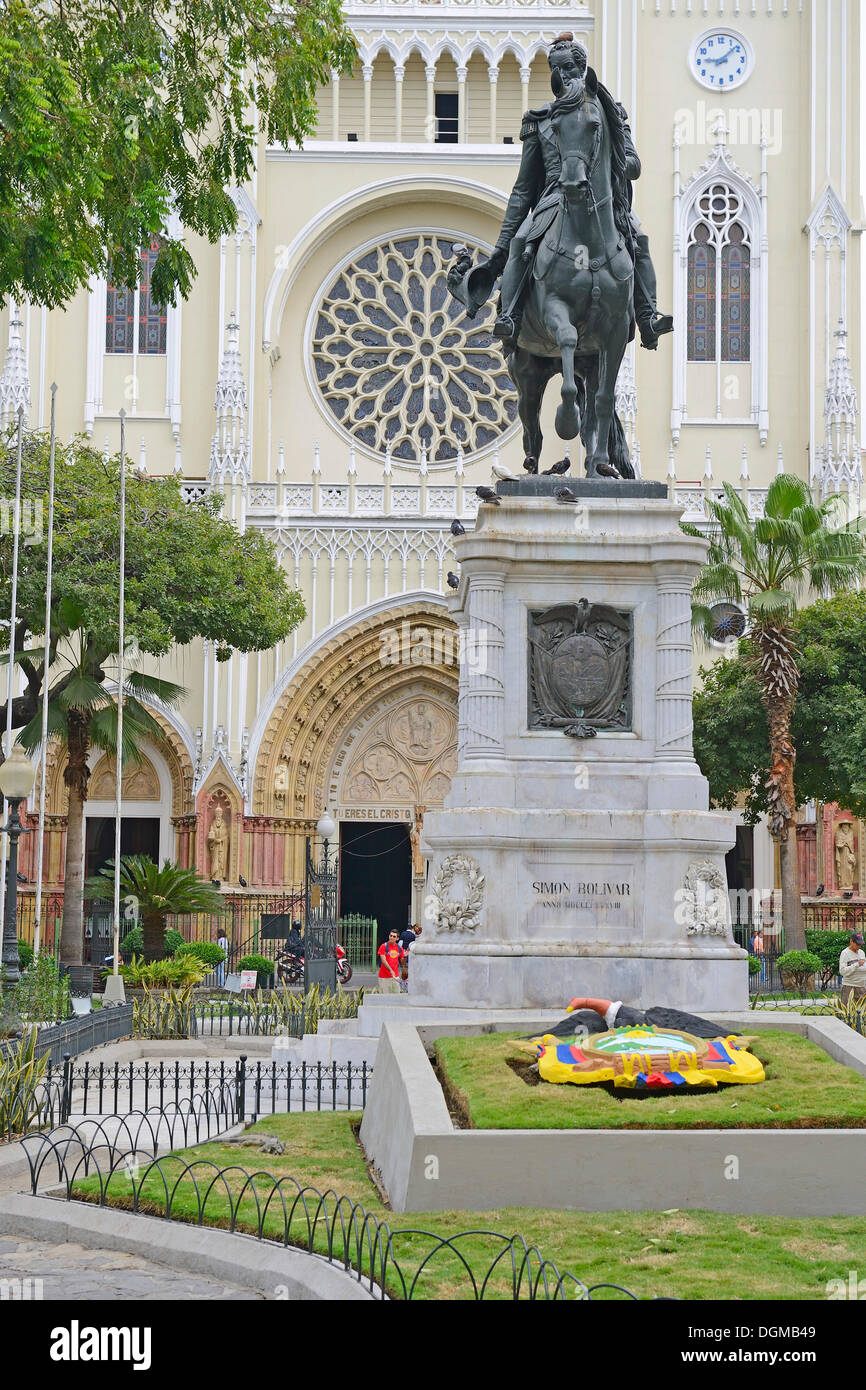 Equestrian statue of Simon Bolivar at Parque Seminario, Parque Bolivar or Parque de las Iguanas, Iguana Park, Guayaquil, Ecuador Stock Photo
