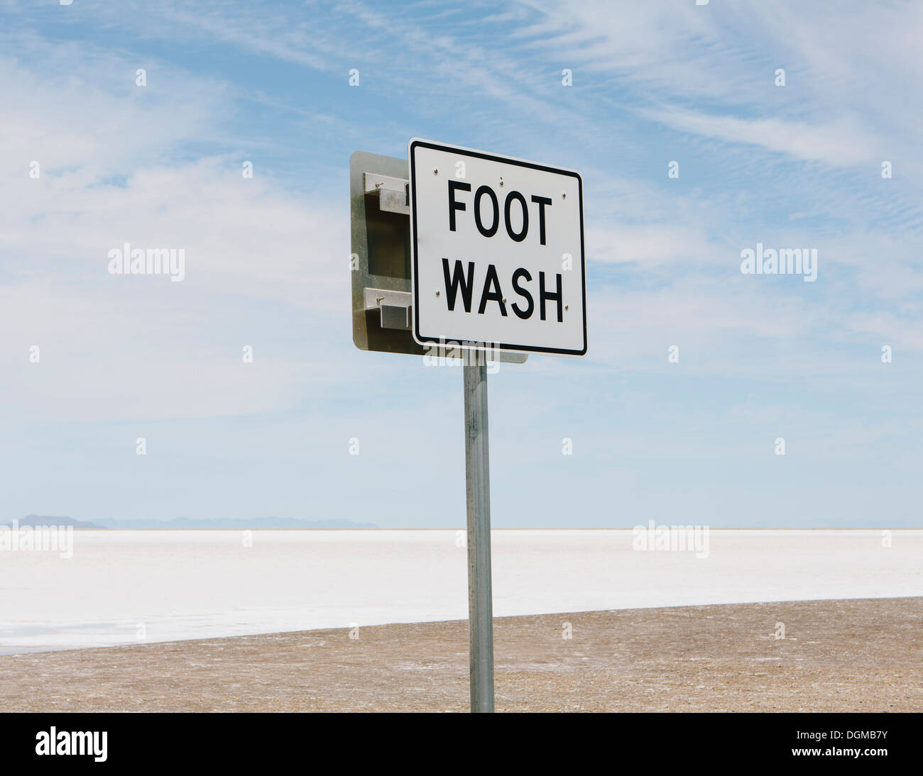 An information sign, Foot Wash, at the edge of the Bonneville Salt Flats. Stock Photo