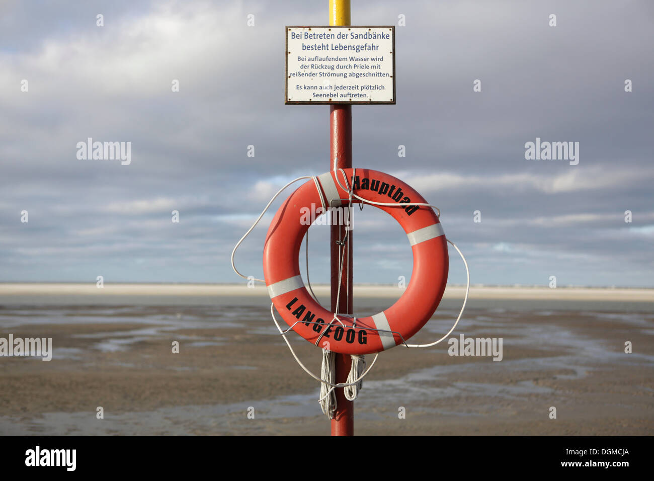 Lifebuoy on the main beach, Langeoog, Ostfriesische Inseln, Lower Saxony, Germany Stock Photo