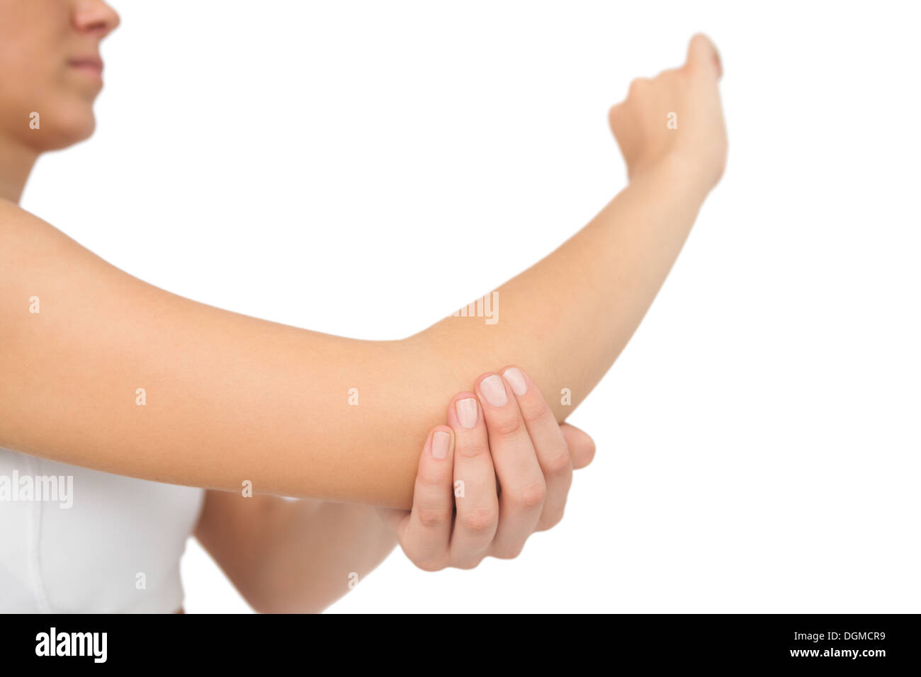 Woman touching her sore elbow Stock Photo