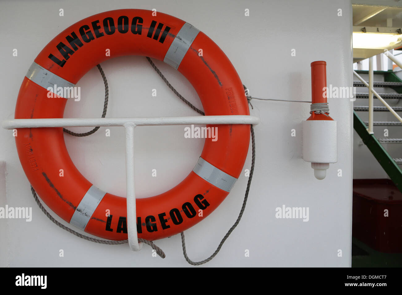 Lifebuoy on the ferry between Bensersiel and Langeoog, Langeoog, Ostfriesische Inseln, Lower Saxony, Germany Stock Photo