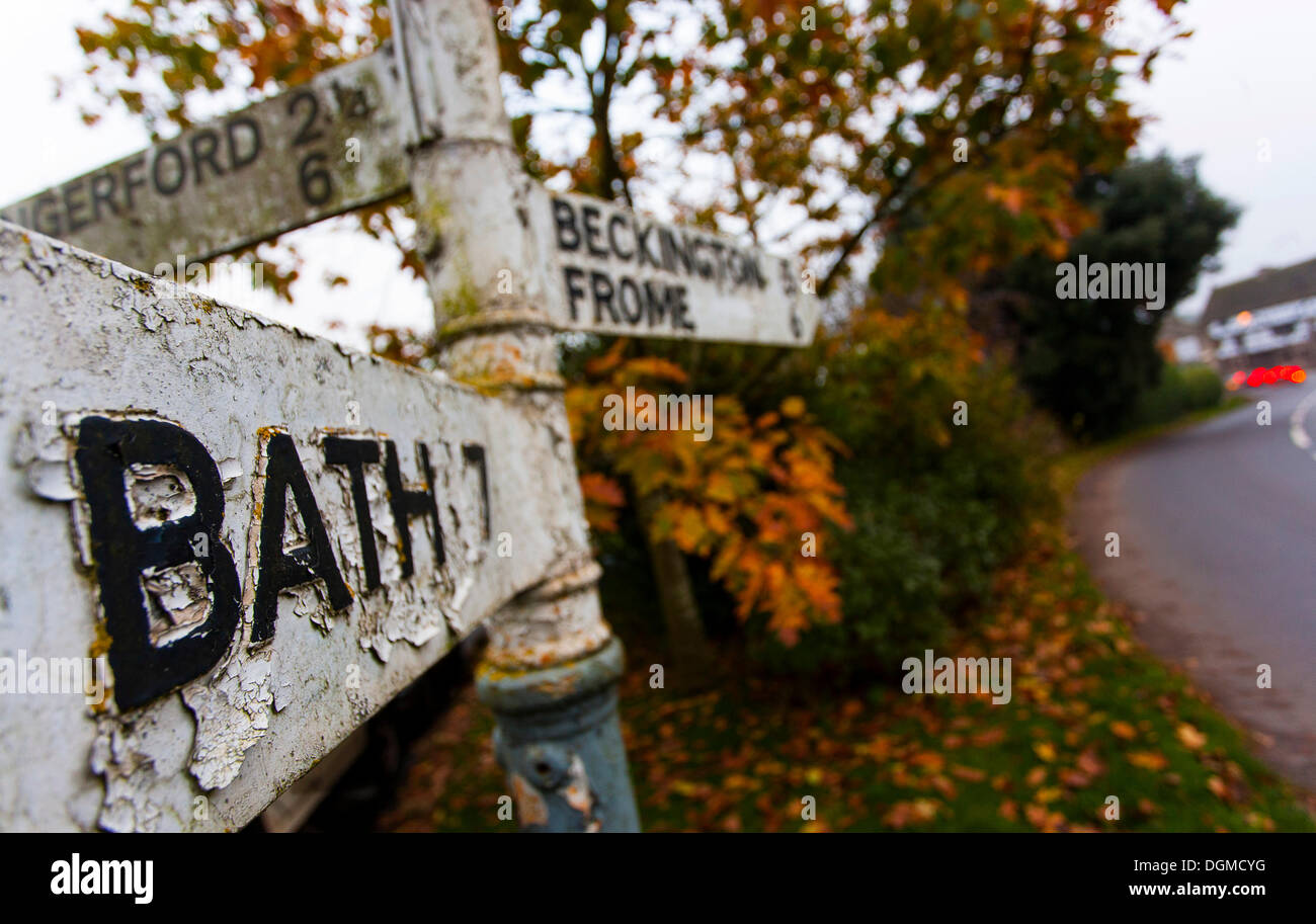 Historical traffic sign to Bath in the village of Norton St Philip